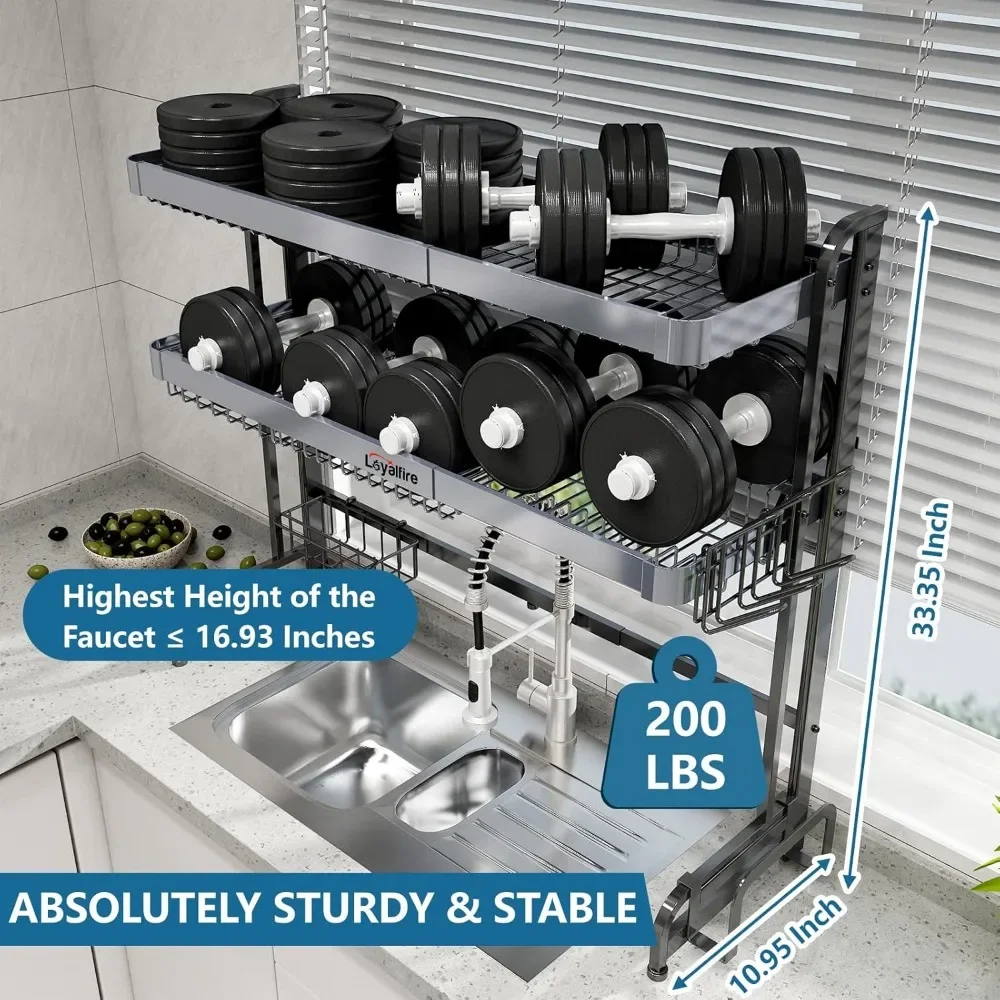 Over Sink Dish Drying Rack, 3 Tier Adjustable Length (20.87'' to 37.6'') Stainless Steel Large Storage Kitchen Dish Rack 4