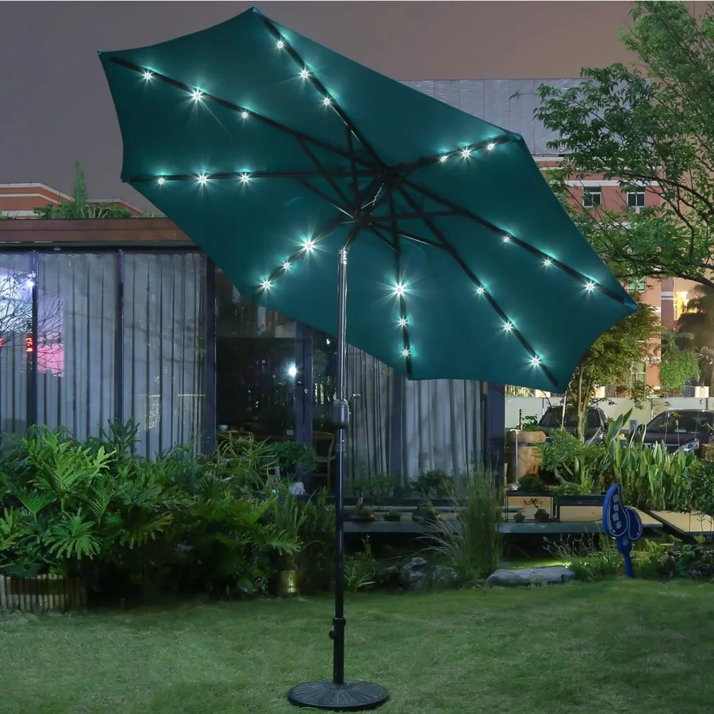 9' Solar LED Lighted Patio Umbrella with 8 Ribs/Tilt Adjustment and Crank Lift System