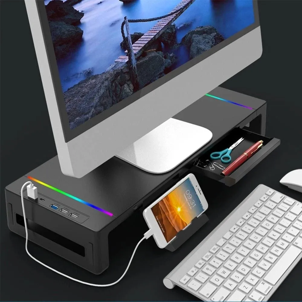 USB 3.0 및 2.0 허브가 있는 RGB 조명 모니터 스탠드 라이저, 수납 서랍, 노트북 홀더, 휴대폰 홀더, 접이식