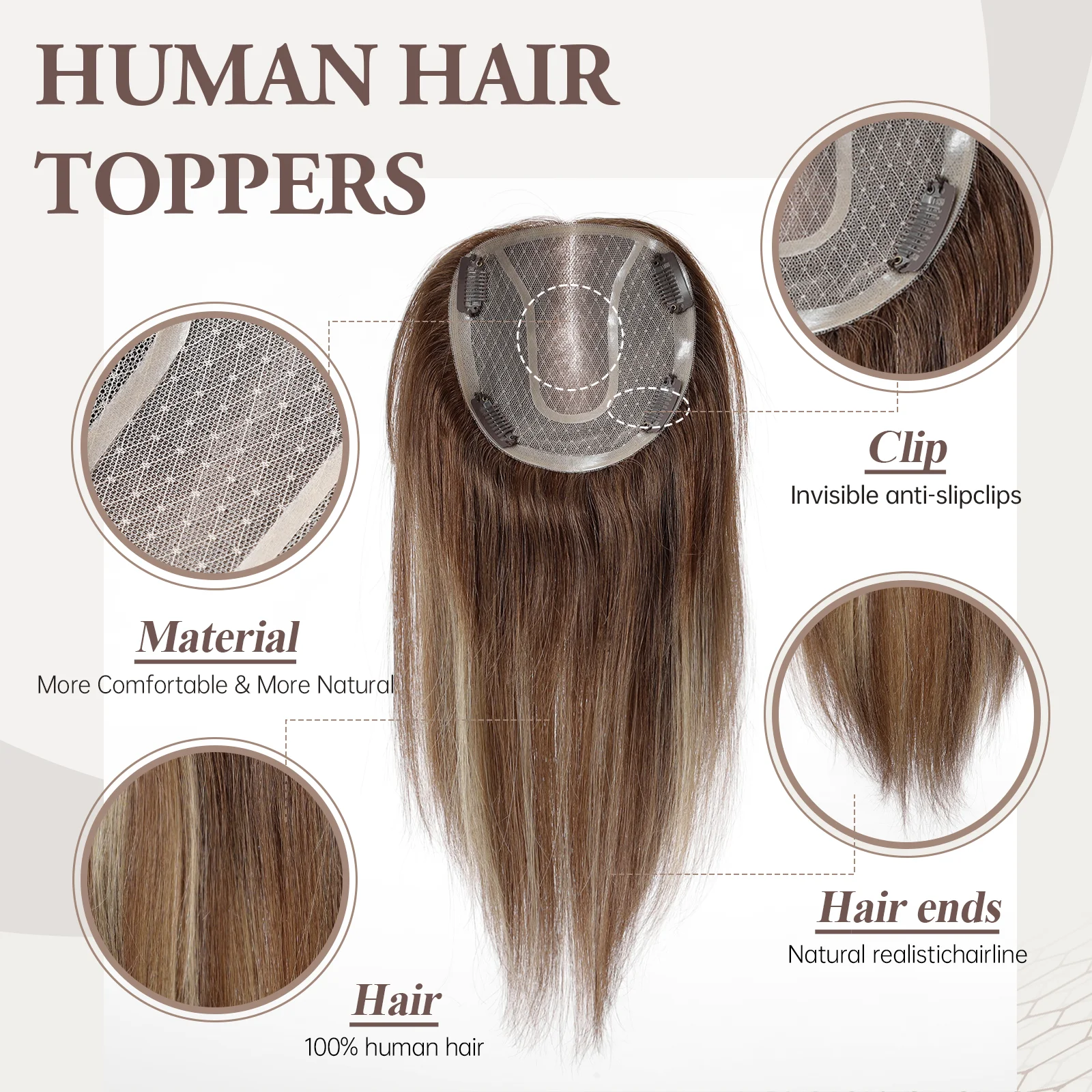 Human Hair Toppers Highlight Topper Human Hair Mono Base 12*13cm Hair Toppers For Women With Thinning Hand Made Topper Piece Clip In 14in