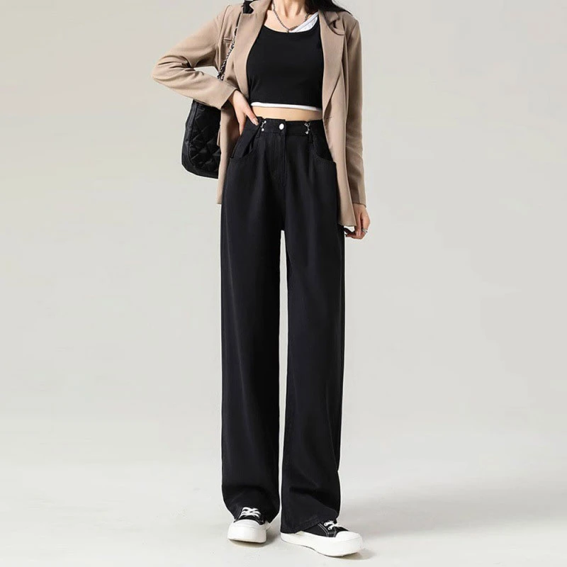 

Black straight jeans women design sense card button high waist loose cover meat pear shape dragged wide leg long pants