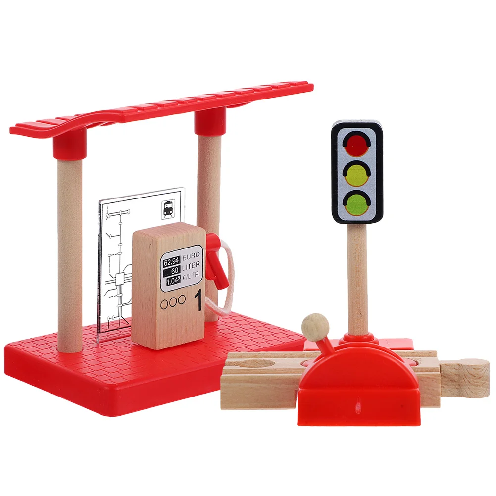 Train Track Accessories DIY Road Block Plaything Kit Toy Prop Gas Station Assembly Sand Table Ornament Plastic Wood Decor Child