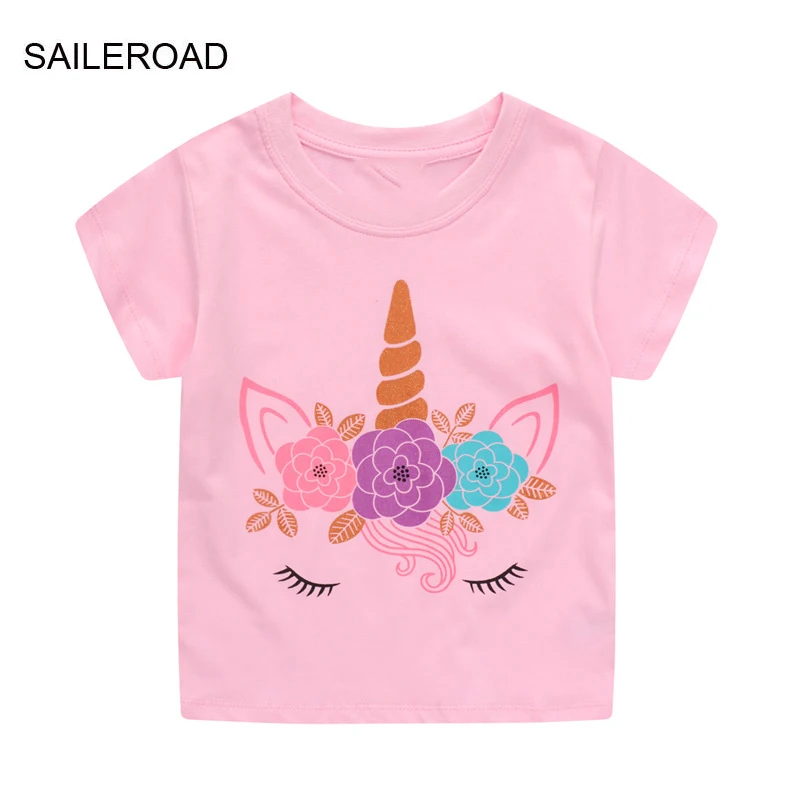 

SAILEROAD 2022 New Summer Cotton Short Sleeve Cartoon Flowers Unicorn T-shirts Kids Tee Tops Boys Children Clothes