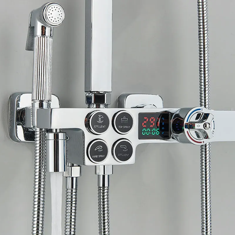 Black Bathroom Shower Faucets 3/4 Way Button Switch Thermostatic or Hot Cold Mixer Shower Systems Digital Display with Shelf