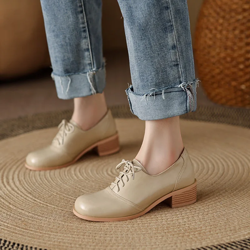 

Phoentin Lace Up Leather Shoes Female Middle Heels 4cm Plus Size 34~42 Round Toe Comfortable Ladies Pumps 2024 New FT3126