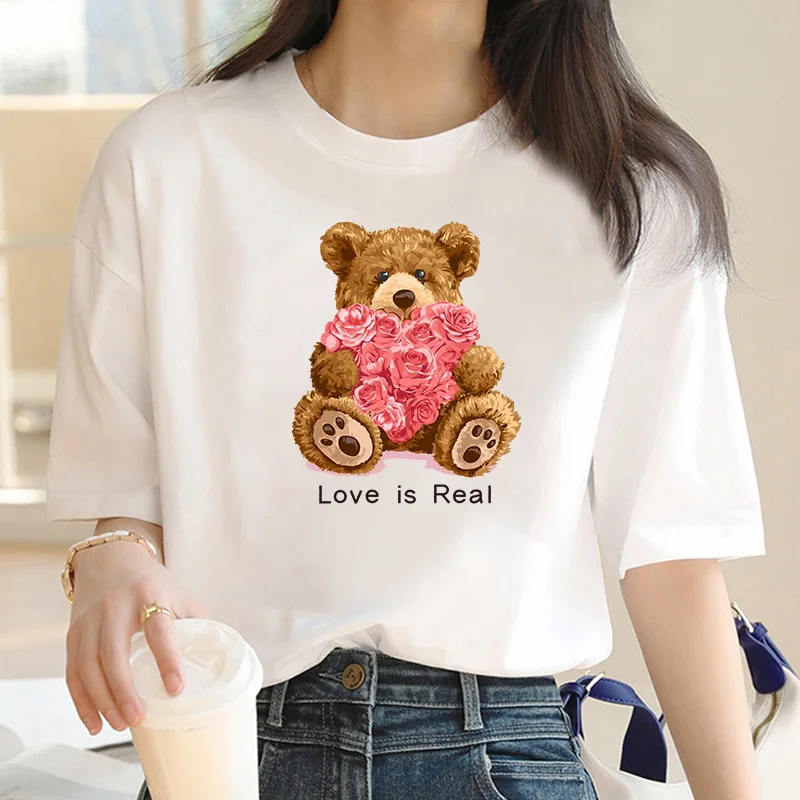 

Luxury Flower Bear Print Y2k T-shirt For Women's Summer Oversized Ladies Short Sleeved Tees Clothing Loose Pure Cotton Soft Tops