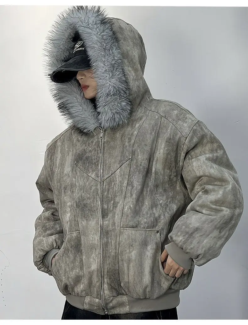 Y2K Cotton jacket with fur collar eagle embroidered and tie-dyeed winter men's design outdoor jacket thick and comfortable
