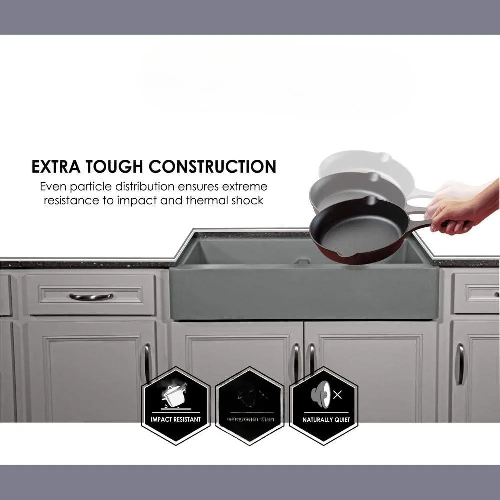 Grey kitchen sink Farmhouse/Apron-Front Quartz Composite 34 in. Single Bowl Kitchen Sink in Grey 4