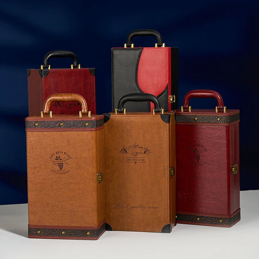 2 Bottle Wine Gift Box with 4 Accessories Set – PU Leather Portable Wine Carrier Tote, ... - SKU WGB02059 - UGI Packaging