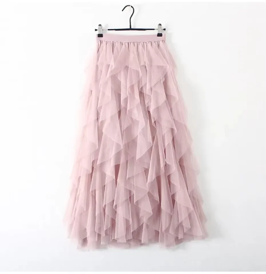 Women's High Waist Tulle Mesh Irregular Tutu Skirt Elastic A-Line Gauze Skirt Pleated Long Hi Spring Summer New 1