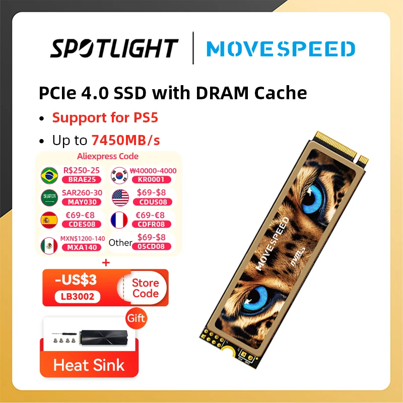 

MOVESPEED SSD NVMe M2 2280 with DRAM Cache 4TB 2TB 1TB 7450MB/s Solid State Hard Disk M.2 PCIe 4.0x4 SSD Drive for PS5 PC