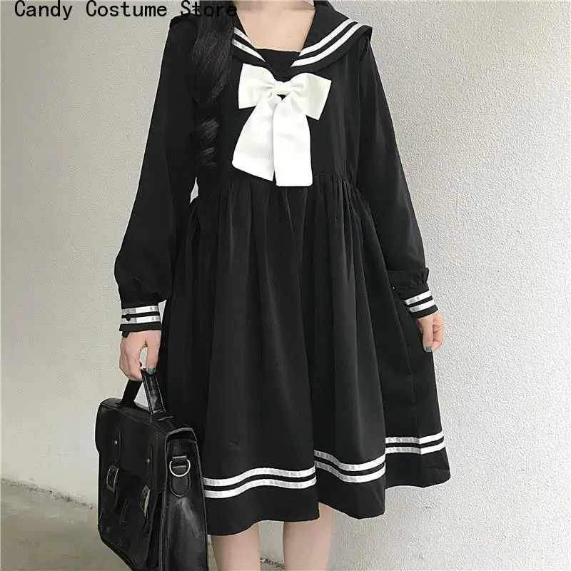 

Kawaii Long Sleeve Dress Jk Girl Outfit Black Lolita Dress Women Bow Patchwork Loose Japanese Preppy Style Sailor Collar