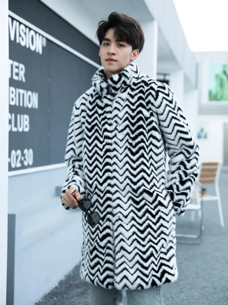 Description Picture 4 of itemWinter Thick Warm Faux Fur Coat Men Stand Collar Colors Mixed Striped Plush Overcoat Fashion Artificial Fur Mid Long Trench Coat