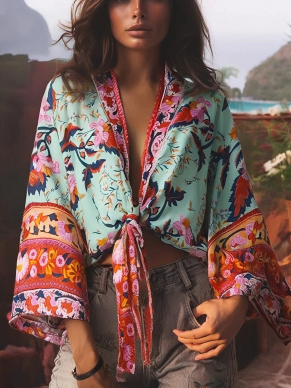 Vintage Peacock Floral Print Short Kimono Women Fashion Rayon Cotton Batwing Sleeves Ladies Beach Robe Bikini Boho Cover-ups 5