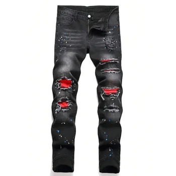 2025 Autumn New Stretch Jeans Fashionable Ripped Patchwork Slim European American Pants Male Paint Dot Hip Hop Denim Trousers 1