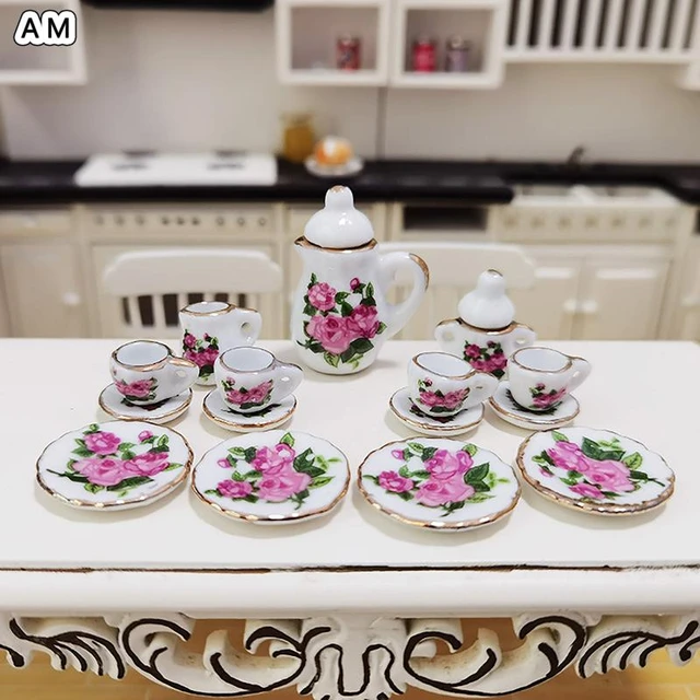 1Set Doll House Miniature Porcelain Tea Cup Set Tableware Kitchen