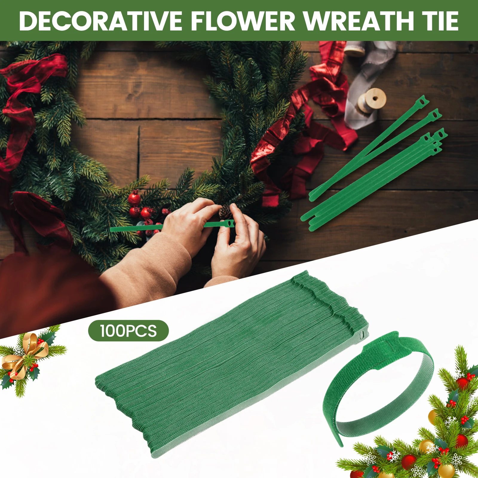 100PCS 12inch Reusable Green Hook and Loop Plant Cable Ties Holiday Plant Straps Polyester Ties for Wreath Garland Xmas Tree