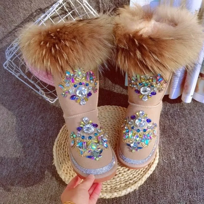 

Fox hair boots Hand custom winter plus fleece warm boots rhine-drill chain fur one boot women's 35-40