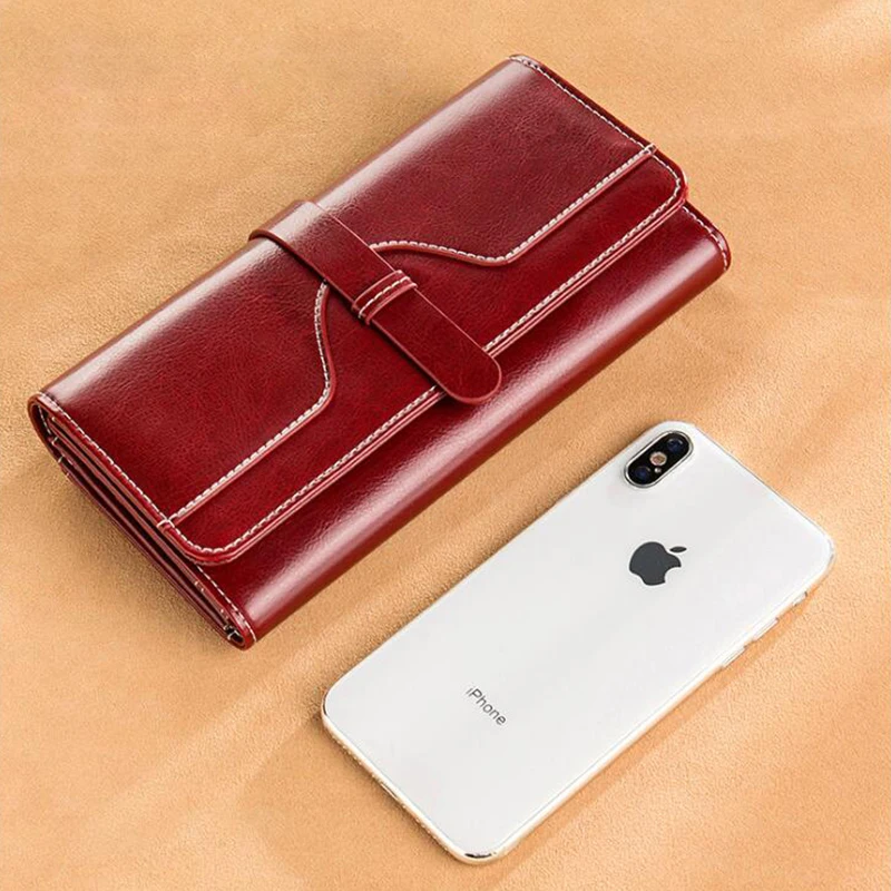Women Travel Cowhide Leather Wallet Long Trifold Card Holder Bag Women Phone Purse for Birthday Gifts