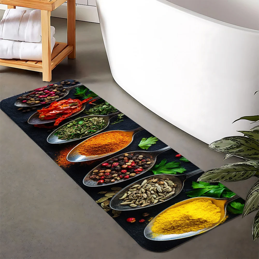 Colorful Spices and Herbs on Spoons Print Kitchen Mat, Non-Slip Washable Durable Runner Rug for Kitchen & Culinary Themed Home 4