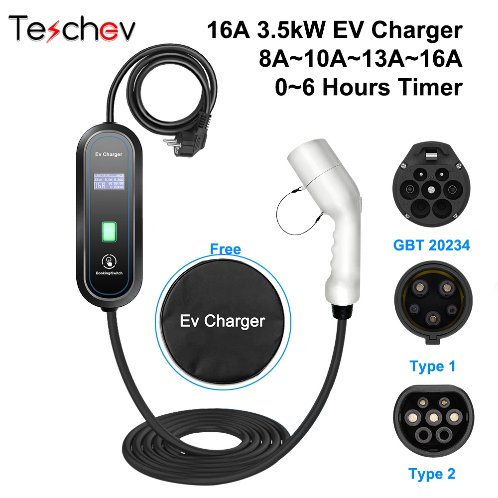 

Teschev Portable EV Charger Type 2 16A 3.5KW GBT Wallbox Mode 2 J1772 Type 1 Charging Cable Current Adjustable for Electric Car