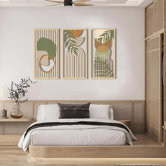 3pcs Bohemian Style Hollow Wooden Wall Art Abstract Geometry Decor for Bedroom Living Room Dining Room Porch 2
