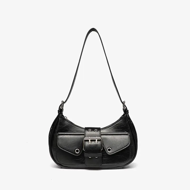 Retro Punk Multi Pocket Handbag Women Leather Buckle Texture Marleid Shoulder Bag Ladies Y2k Faux Waxed Zipper Underarm Bag 2025