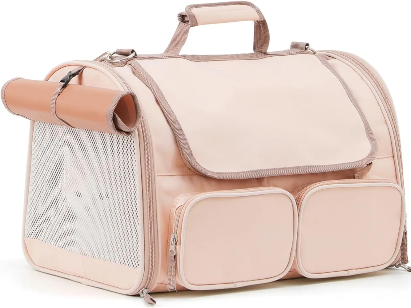 

Cat Airline Box 4 Mesh Windows Small Dog Airline Box 4 Storage Pockets Cat Travel Bag Roll-Up Lid Pink