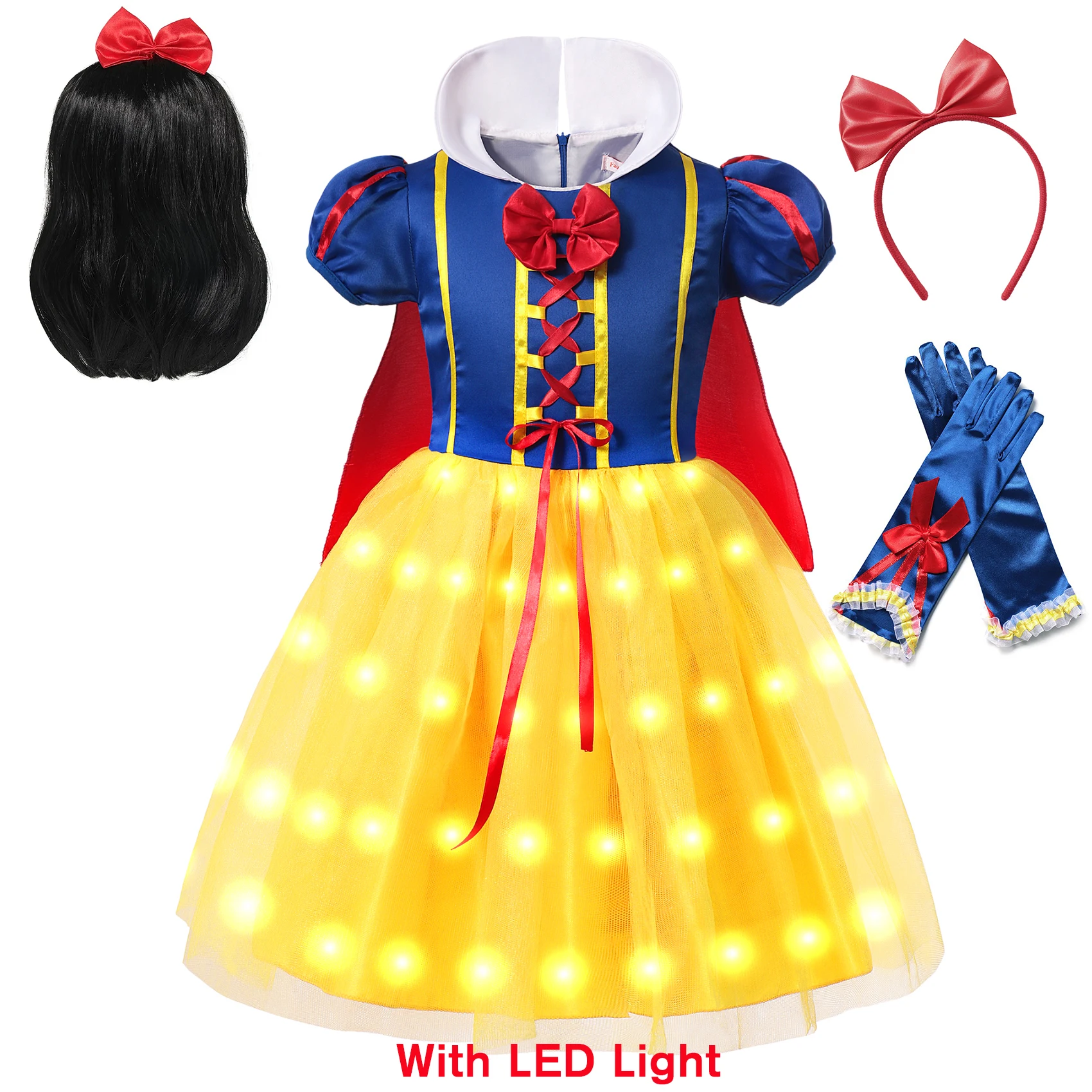 Princess LED Light Snow White Dress for Girl Kids Costume with Cloak Halloween Lace Ball Gown Children Party Birthday Dress girls dress princess costume
