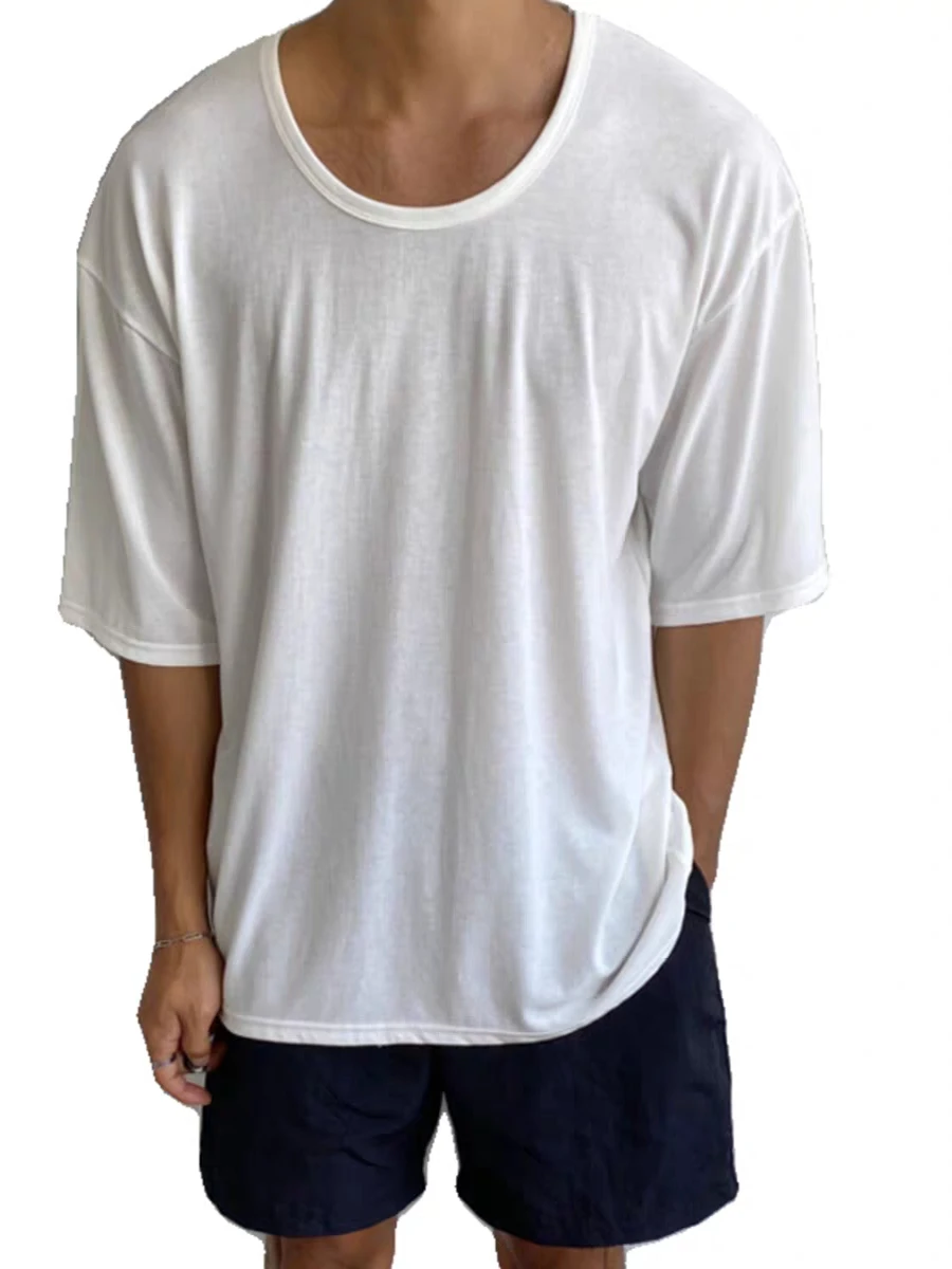 Laid-ba Sle Ice Silk Cotton Men's T-irt Loose Fit ort Sve Spor Pull-over Top Breathable Cool Feeling Summer Wear
