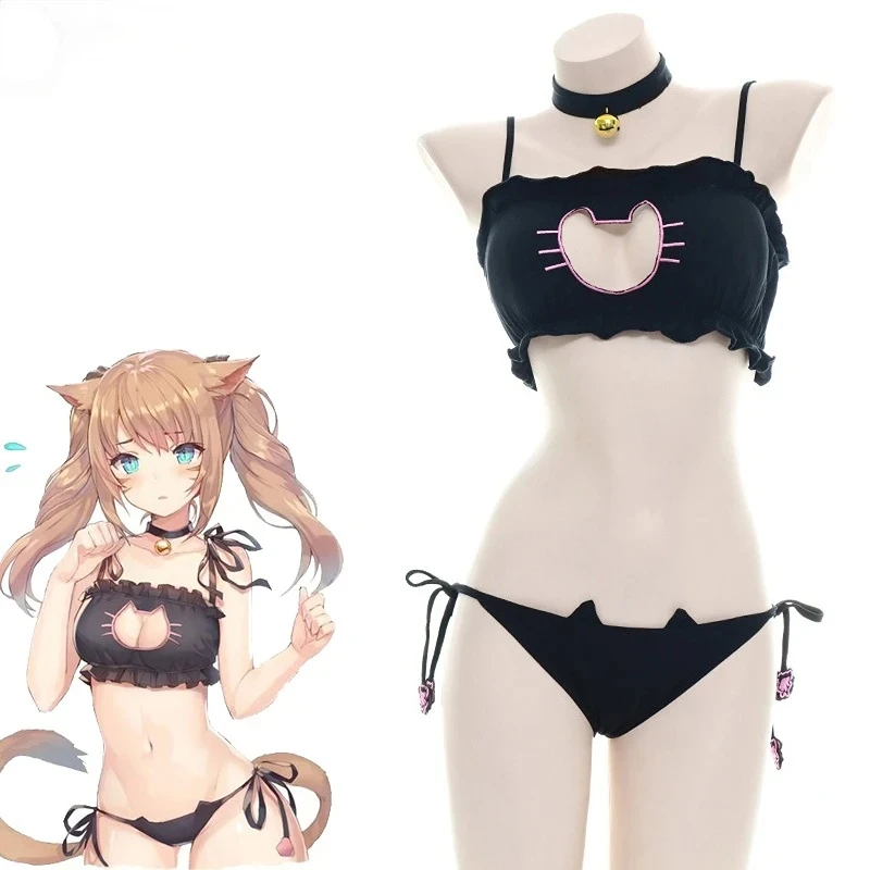 Anime roztomilá kocour dívčí bikiny plavky kostým léto pláž děvče mini líbezný kočky zvon plavek uniforma cosplais