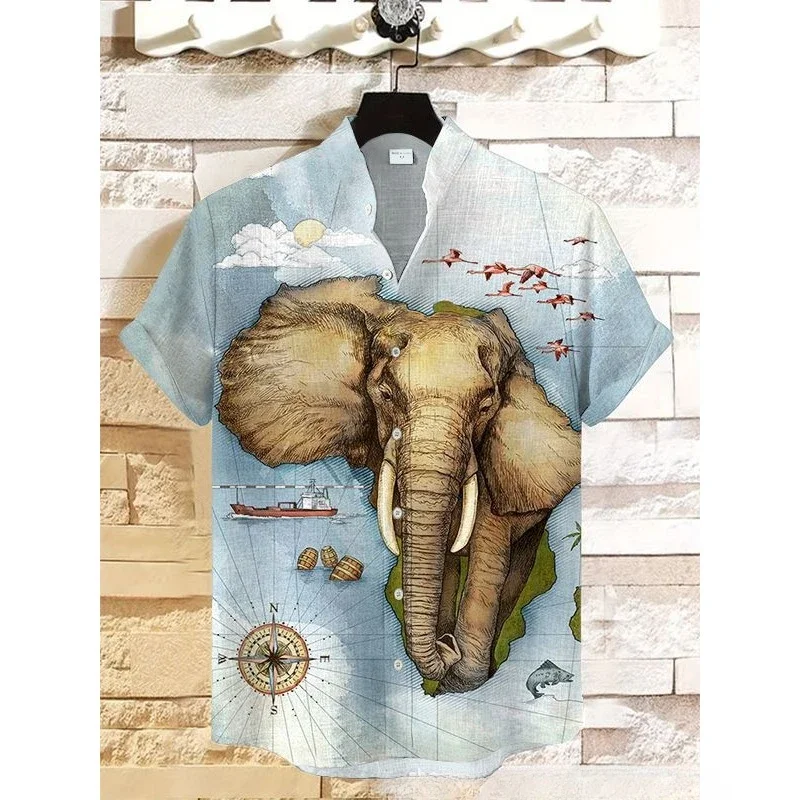 Ethnic Tribal Pattern Elephants and Leaves Printing Short Sleeve Shirt Cool Blouses Summer Stand Collar Shirts Men Hawaiian Tops 5