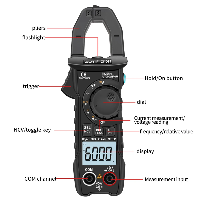 ZOYI Digital Clamp Meter ZT-QS9, 600A current True RMS smart plier ammeter auto range 6000 multimeter DC AC voltage Hz ohm NCV tester