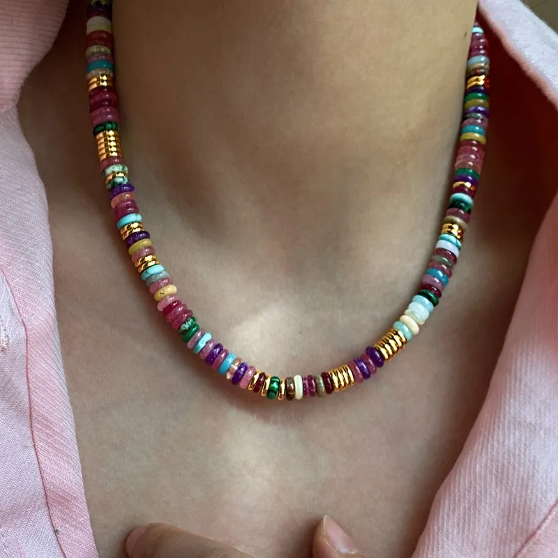 Minar Bohemia Candy Color Natursteinperlen Perlenkette für Damen 18K Echtvergoldete Messingstrang-Halsketten Großhandel