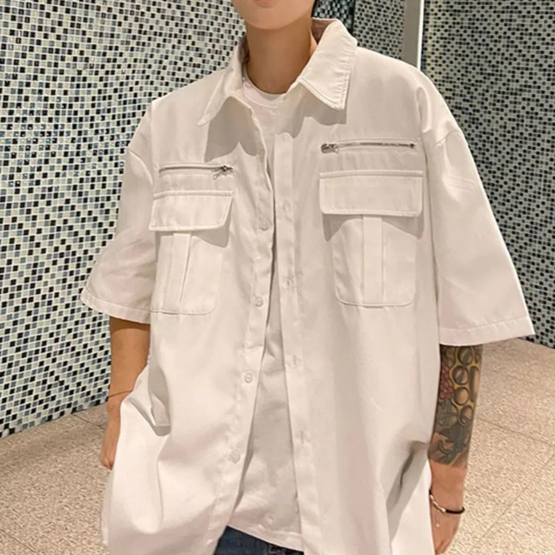Elegant Fashion Harajuku Slim Fit Ropa Hombre Loose Casual All Match Outerwear Solid Zipper Pockets Button Short Sleeve Blusa