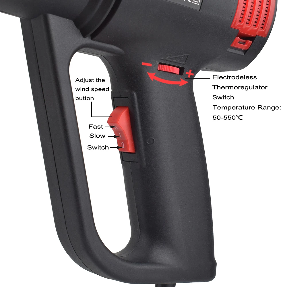 NEWACALOX 1500-2000W Industrial Hair Dryer Heat Gun Adjustable Wind Speed Hot Air Gun 50℃-650℃ Temperature Shrink Wrapping Tools