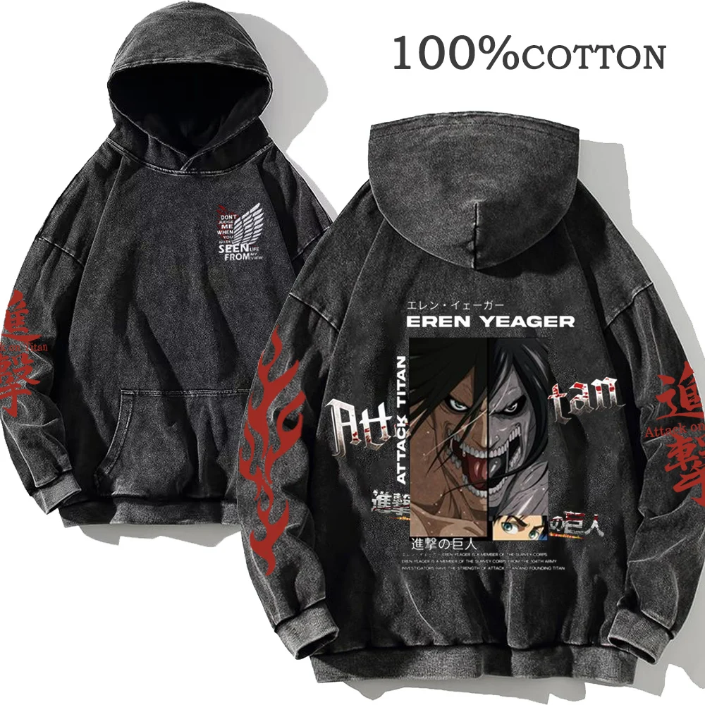 Anime Attack on Titan Hoodie 100% Cotton Mens Clothing Vintage Black Acid Wash Hoodies