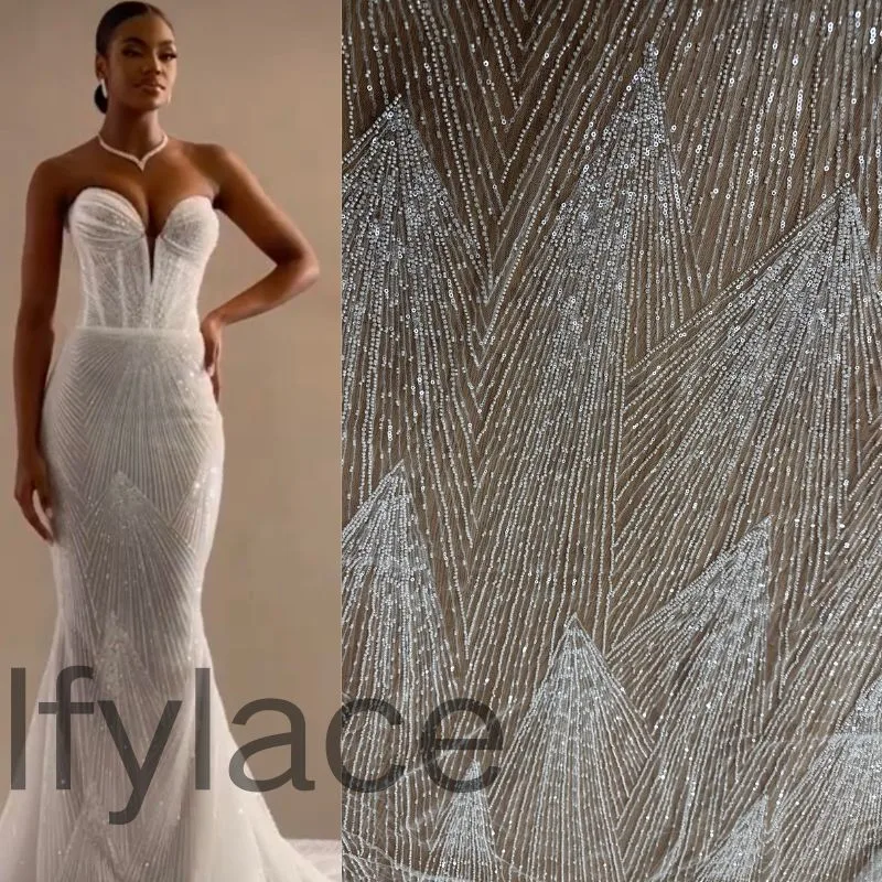 

Hot Style High Quality Off White Beaded Sequins Embroidery Lace Fabric Nigeria Africa Wedding Dress Lace Fabric 1 Yard