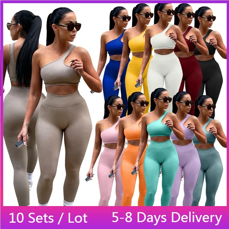 

Wholesale Items Bodycon Tracksuit Women Sportswear Summer Ribbed Woman Solid Two Piece Outfits Sleeveless Crop Top Leggings Set