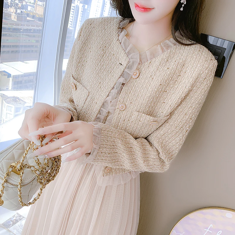 

High Quality Fashion Women's Clothes Elegant Coats Jacket Outwear + Long Mesh Pleated Skirts Streetwear Two Pieces Set Suits