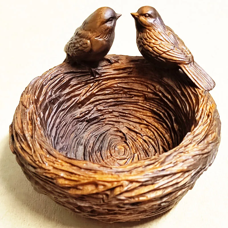

BY209 - 7.8 x 7.8 x 6 CM Carved Boxwood Carving Figurine - Birds Couple in Nest