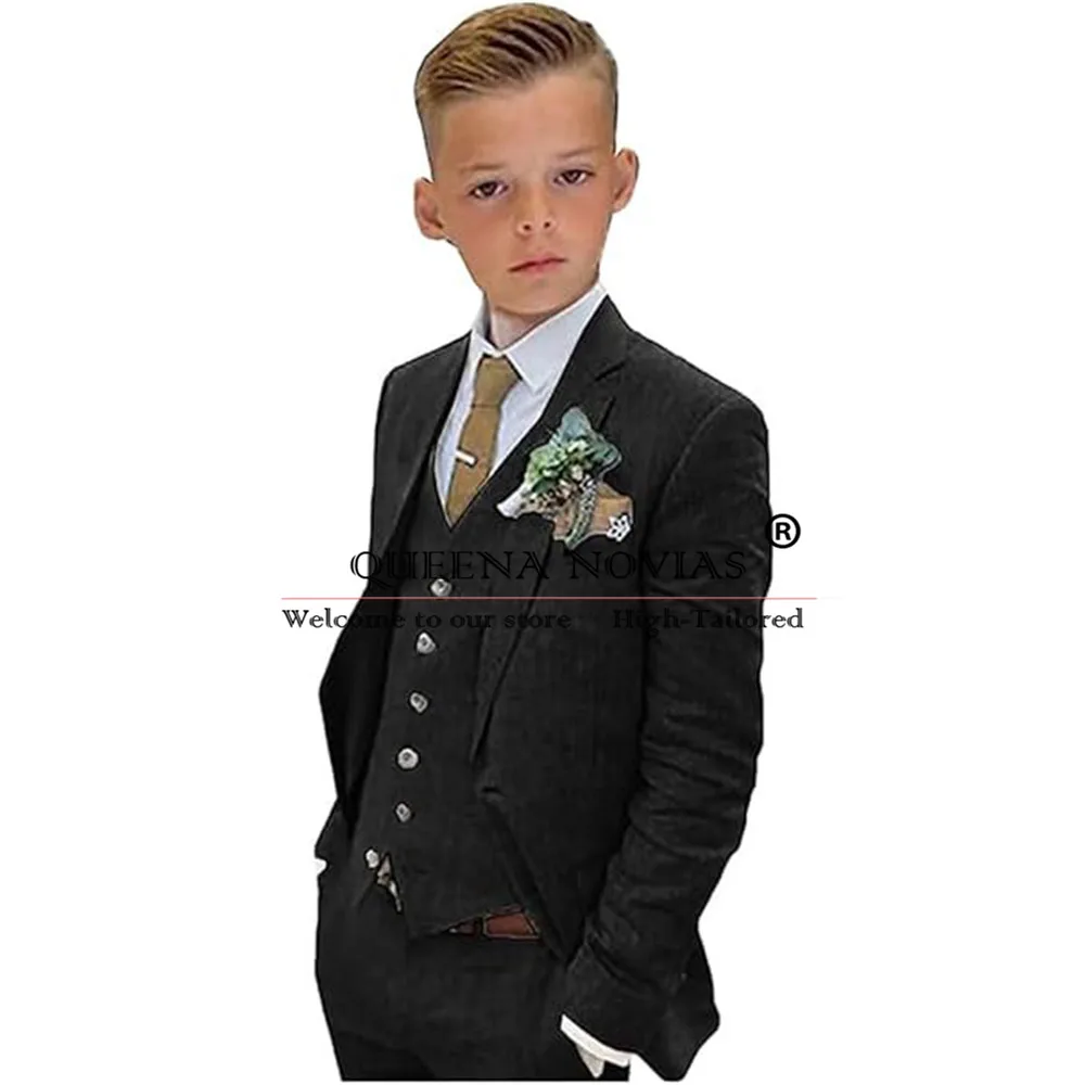 

Black Soft Linen Suits Men 3 Pieces Single Breasted Jacket Vest Pants Children Formal Party Tuxedos Kids Summer Clothes Tailored