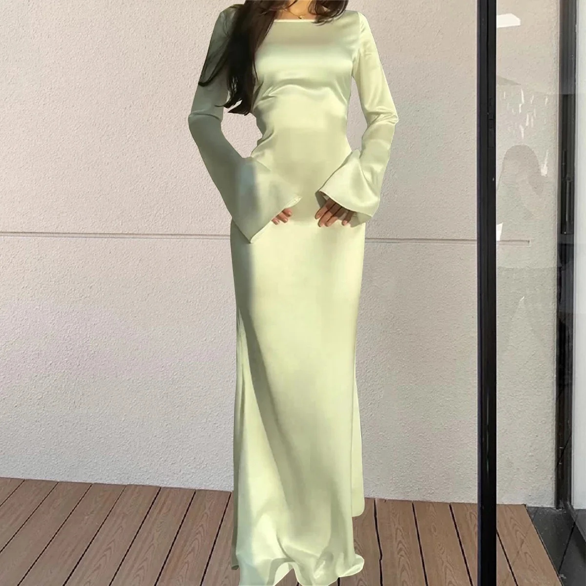 

Новинка 2024, элегантные длинные платья, модное винтажное простое атласное платье с круглым вырезом и расширяющимся книзу рукавом, на шнуровке, облегающее вечернее женское сексуальное платье