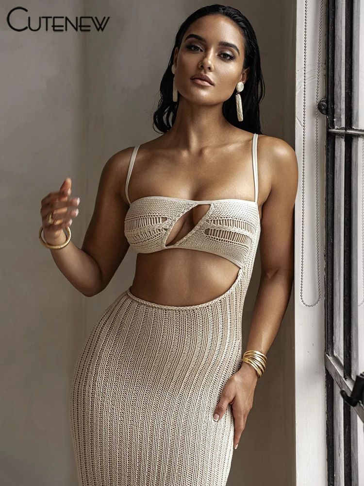 

Cutenew Women's Solid Maxi Dress Elegant Knitted Spaghetti Strap Backless Lace-up Robe Skinny Retro Dresses Vestidos New 2023