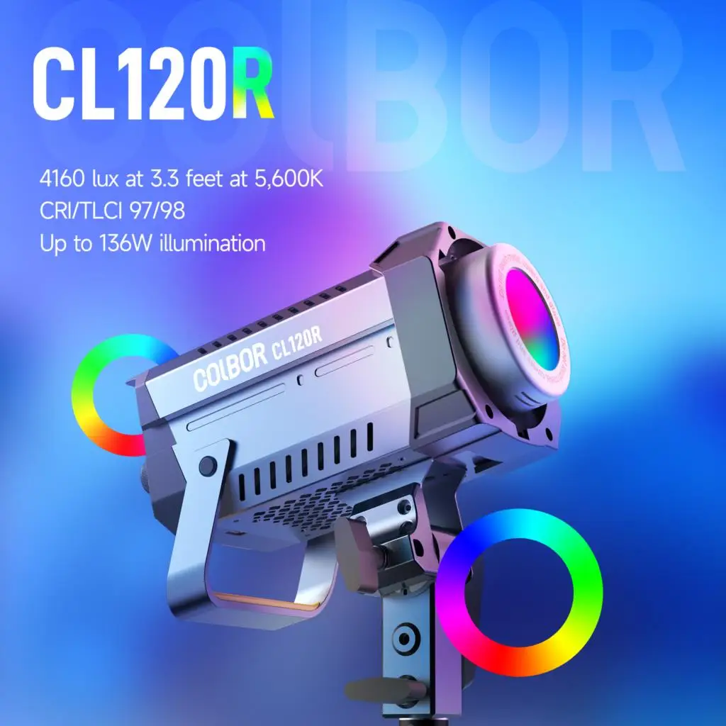 

Лампа для фотосъемки COLBOR CL120 RGB 120W, заполняющая лампочку, двухцветная фотолампа с управлением через приложение