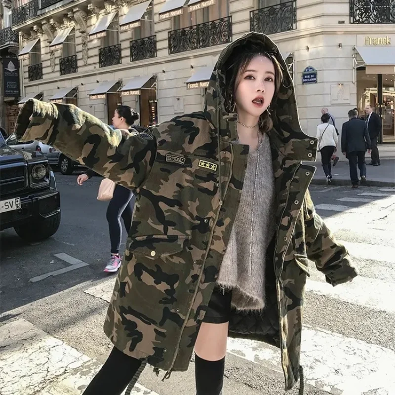 Camouflage Cotton Hooded Jacket for Women Loose Padded Coats Medium Length Cargo Tooling Parkas College Y2K Military Outwear
