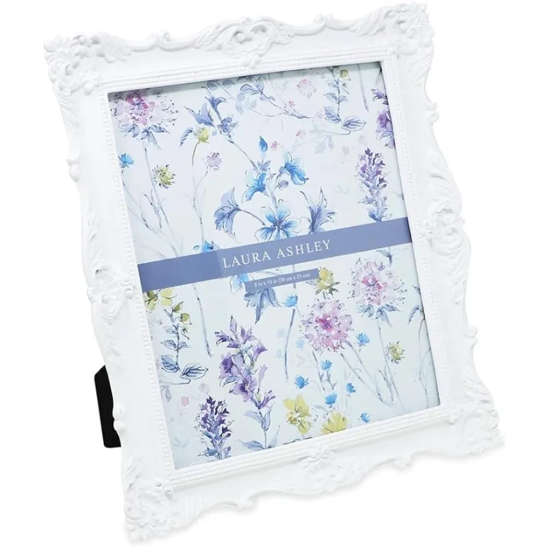 

Laura Ashley 8x10 White Ornate Textured Hand-Crafted Resin Picture Frame with Easel & Hook for Tabletop