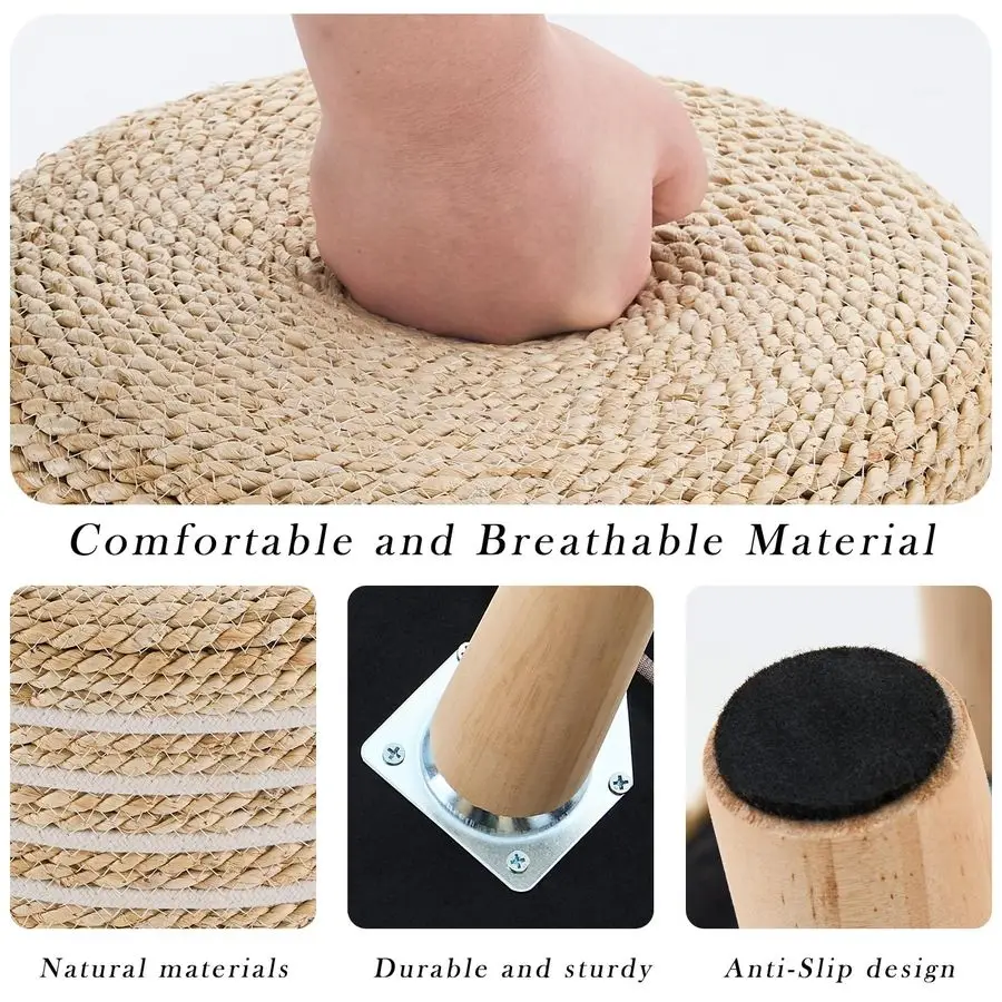 Round Seagrass Ottoman Footstool Handwoven Water Hyacinth Pouf with Solid Wood Legs Shoe Changing Stool Sturdy amp Stylish Footr
