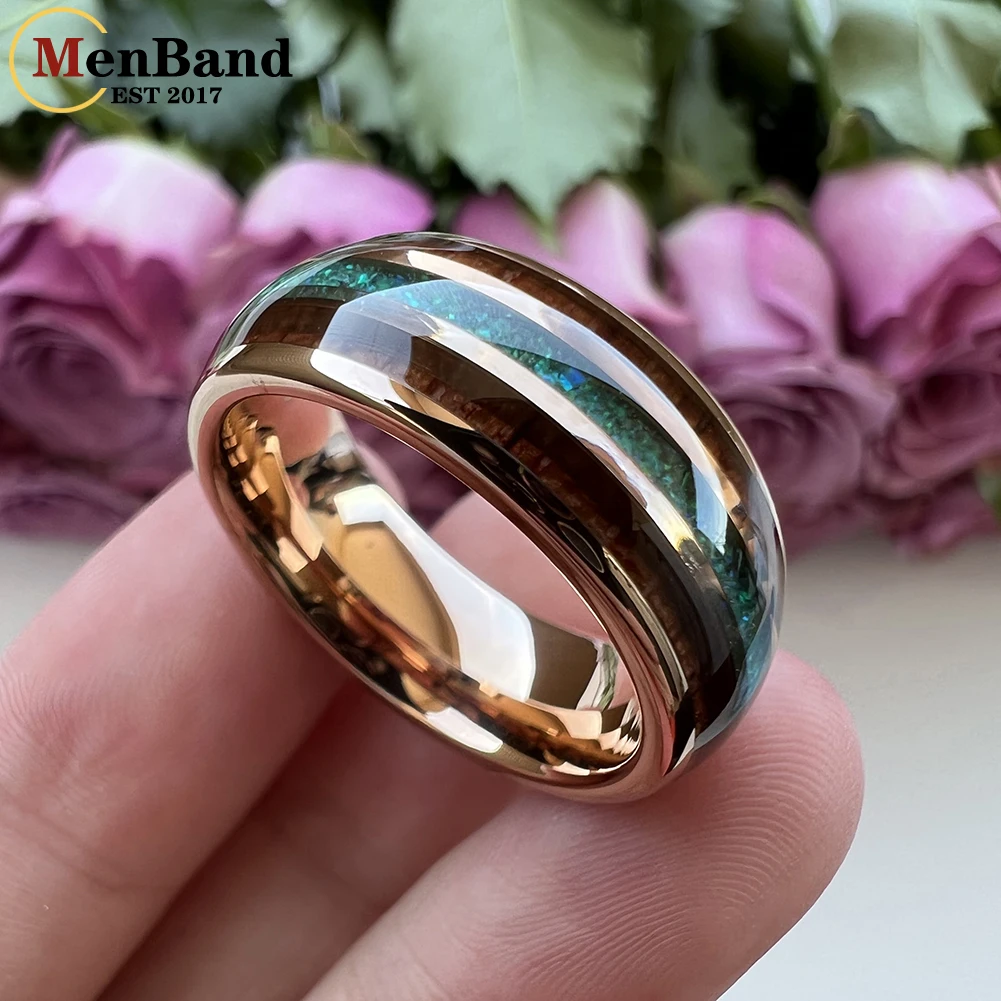MenBand Fashion Gold Color 8mm Green Opal Ring Tungsten Engagement Wedding Band For Womens Mens Domed Polished Comfort Fit