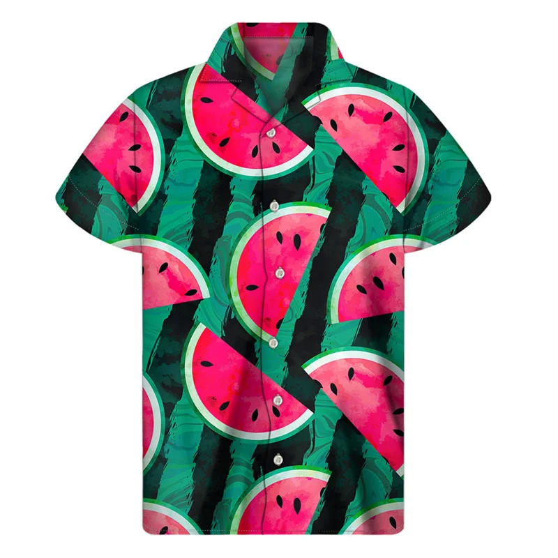 Nueva camisa hawaiana con estampado de sandía colorida, camisetas de verano, mangas cortas, camisa con botones y estampado de frutas en 3D, ropa para hombre, blusa con solapa